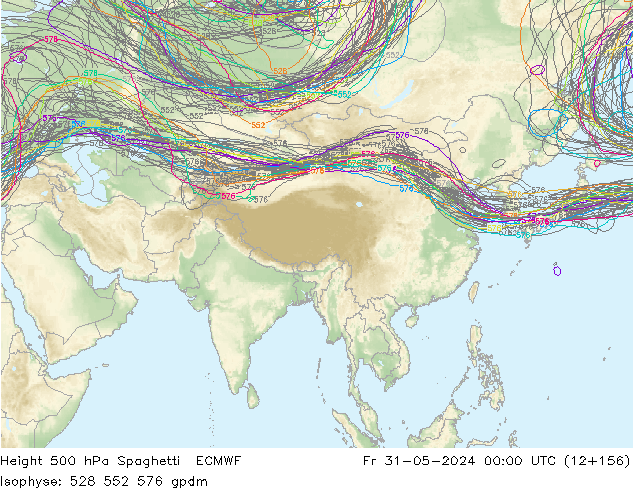 Height 500 hPa Spaghetti ECMWF Pá 31.05.2024 00 UTC