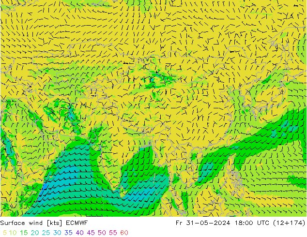 Rüzgar 10 m ECMWF Cu 31.05.2024 18 UTC