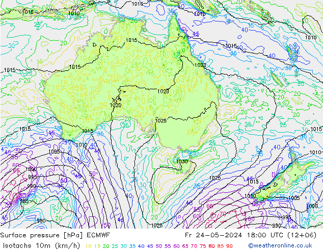 Isotachen (km/h) ECMWF Fr 24.05.2024 18 UTC