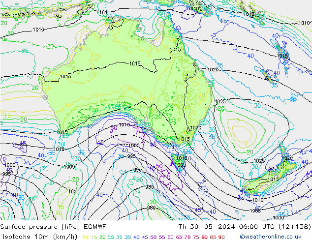 Isotachs (kph) ECMWF jeu 30.05.2024 06 UTC