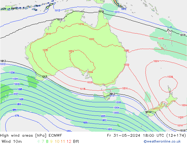 High wind areas ECMWF Fr 31.05.2024 18 UTC