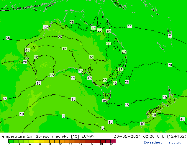 température 2m Spread ECMWF jeu 30.05.2024 00 UTC