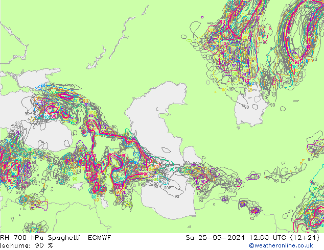 RH 700 hPa Spaghetti ECMWF Sa 25.05.2024 12 UTC