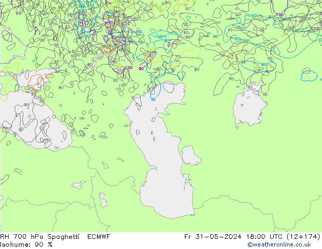 RH 700 hPa Spaghetti ECMWF Sex 31.05.2024 18 UTC