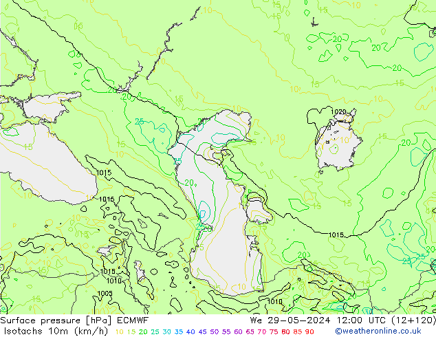 Isotachs (kph) ECMWF Qua 29.05.2024 12 UTC