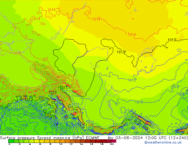 Presión superficial Spread ECMWF lun 03.06.2024 12 UTC