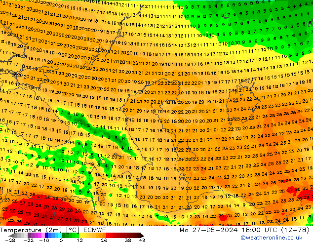 Temperatura (2m) ECMWF lun 27.05.2024 18 UTC