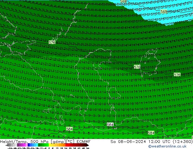 Height/Temp. 500 гПа ECMWF сб 08.06.2024 12 UTC