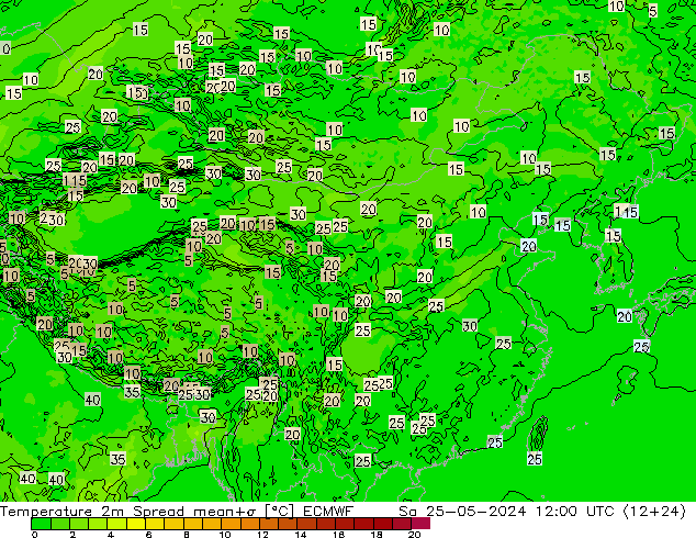 温度图 Spread ECMWF 星期六 25.05.2024 12 UTC