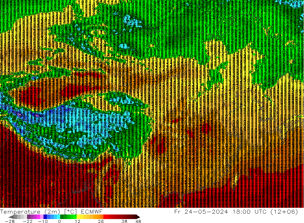 Temperatuurkaart (2m) ECMWF vr 24.05.2024 18 UTC