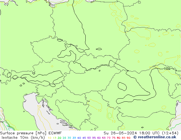 Isotachs (kph) ECMWF Su 26.05.2024 18 UTC