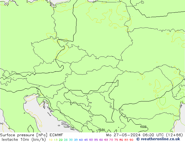 Izotacha (km/godz) ECMWF pon. 27.05.2024 06 UTC