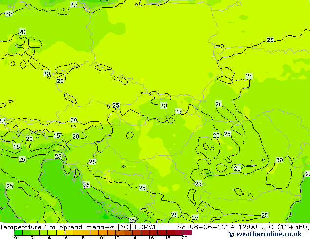 Temperature 2m Spread ECMWF Sa 08.06.2024 12 UTC