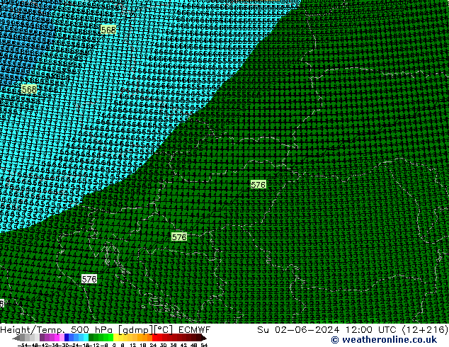 Hoogte/Temp. 500 hPa ECMWF zo 02.06.2024 12 UTC