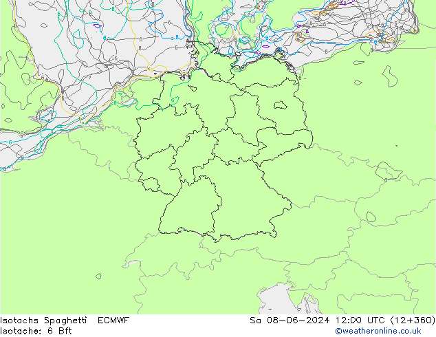 Isotachs Spaghetti ECMWF 星期六 08.06.2024 12 UTC