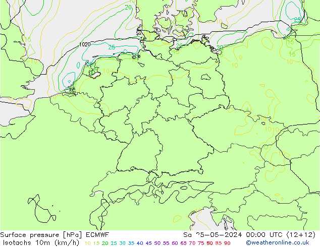 10米等风速线 (kph) ECMWF 星期六 25.05.2024 00 UTC