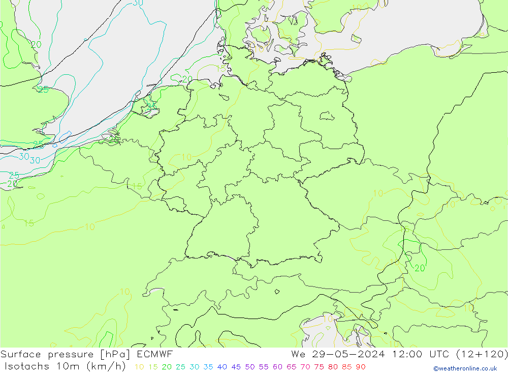 Isotachs (kph) ECMWF St 29.05.2024 12 UTC