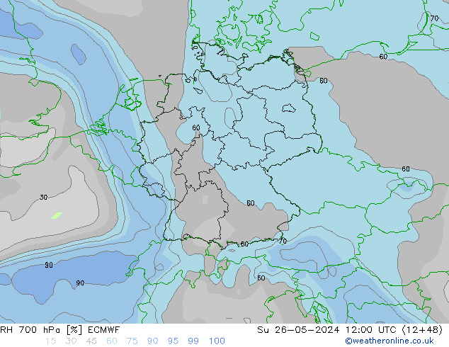 RH 700 hPa ECMWF Dom 26.05.2024 12 UTC