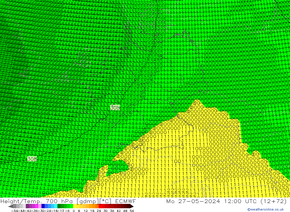 Height/Temp. 700 hPa ECMWF Mo 27.05.2024 12 UTC