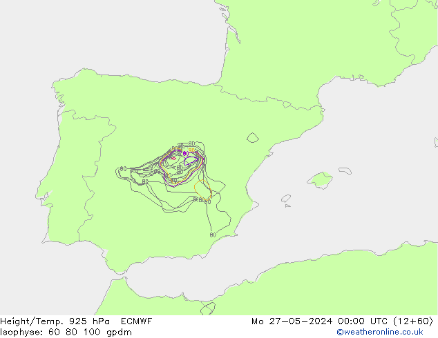 Geop./Temp. 925 hPa ECMWF lun 27.05.2024 00 UTC