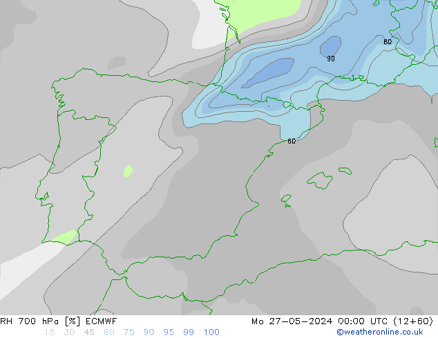 Humedad rel. 700hPa ECMWF lun 27.05.2024 00 UTC