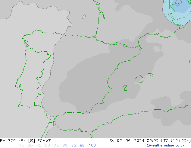 Humedad rel. 700hPa ECMWF dom 02.06.2024 00 UTC