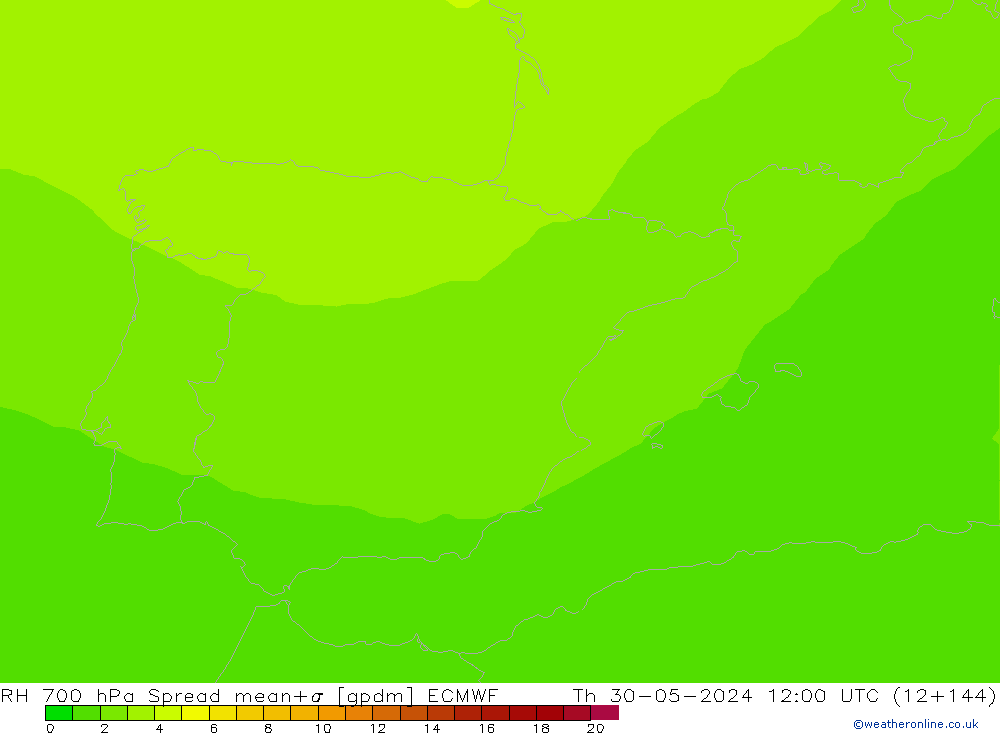 RH 700 hPa Spread ECMWF Qui 30.05.2024 12 UTC