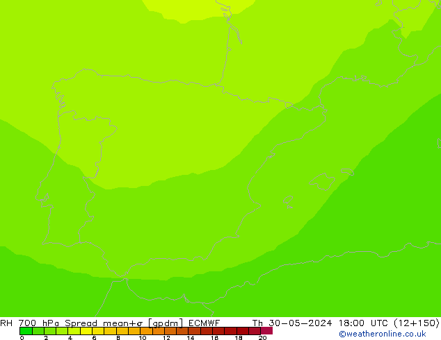 Humedad rel. 700hPa Spread ECMWF jue 30.05.2024 18 UTC