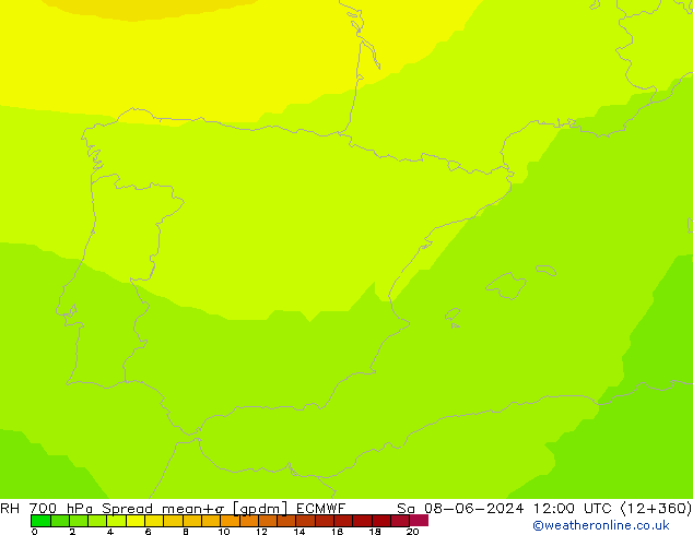 RH 700 hPa Spread ECMWF so. 08.06.2024 12 UTC