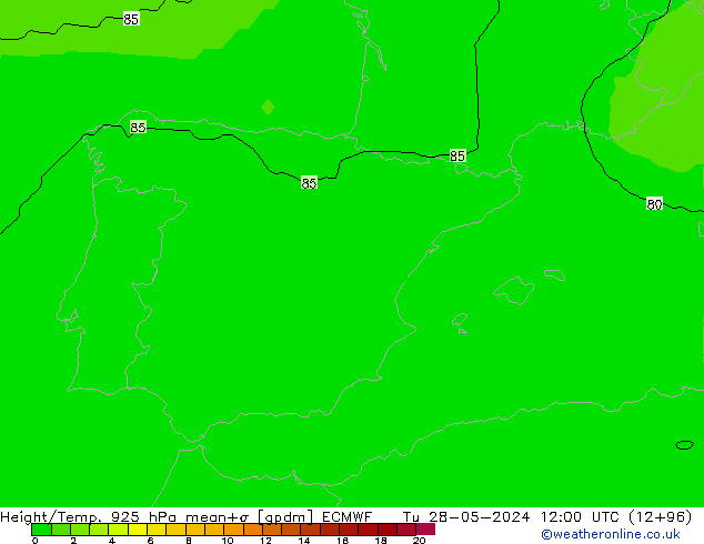 Height/Temp. 925 hPa ECMWF wto. 28.05.2024 12 UTC