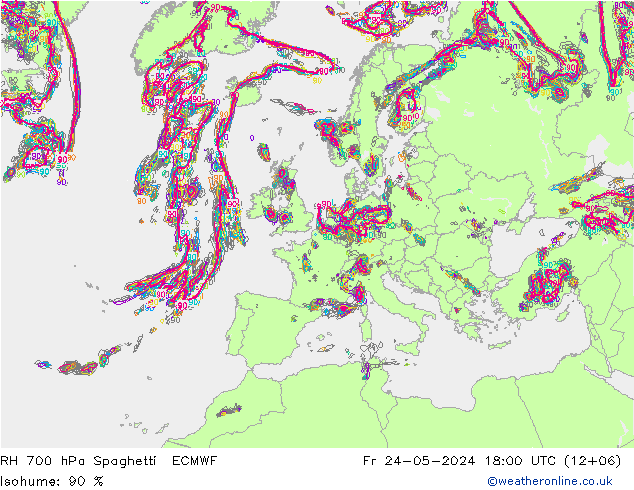 RH 700 hPa Spaghetti ECMWF Pá 24.05.2024 18 UTC