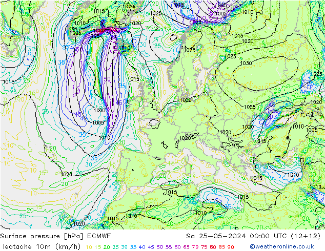 Isotachen (km/h) ECMWF Sa 25.05.2024 00 UTC