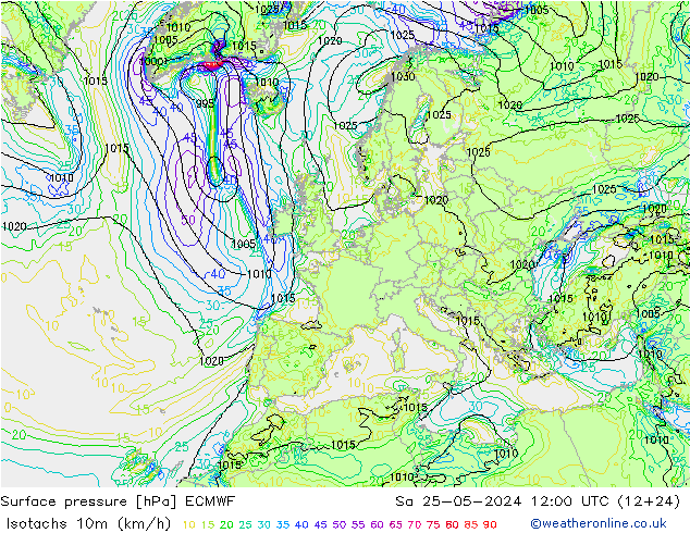 Isotachs (kph) ECMWF сб 25.05.2024 12 UTC