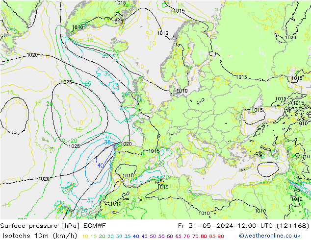 Isotaca (kph) ECMWF vie 31.05.2024 12 UTC