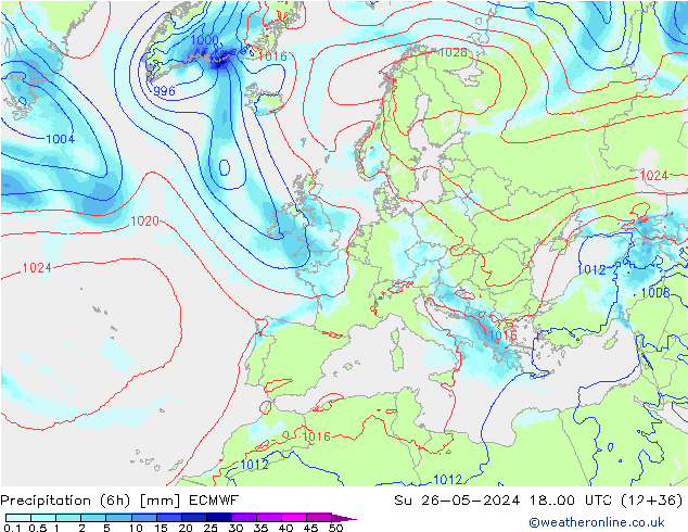 Precipitazione (6h) ECMWF dom 26.05.2024 00 UTC