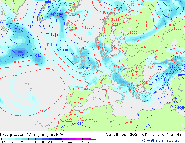 Precipitation (6h) ECMWF Su 26.05.2024 12 UTC