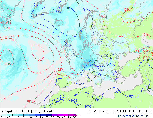 Precipitation (6h) ECMWF Pá 31.05.2024 00 UTC