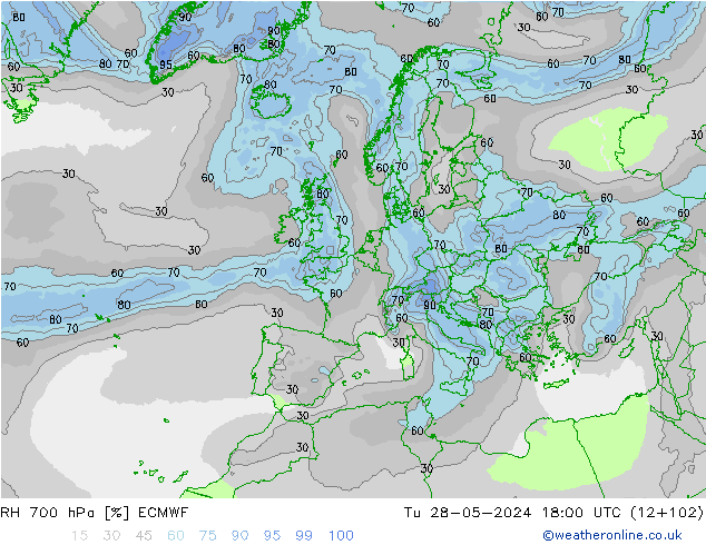 Humedad rel. 700hPa ECMWF mar 28.05.2024 18 UTC