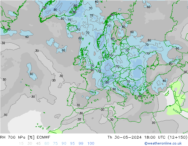 700 hPa Nispi Nem ECMWF Per 30.05.2024 18 UTC