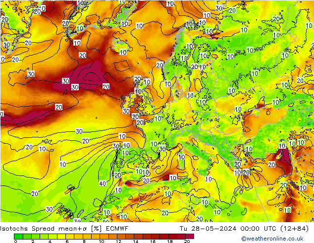 Izotacha Spread ECMWF wto. 28.05.2024 00 UTC