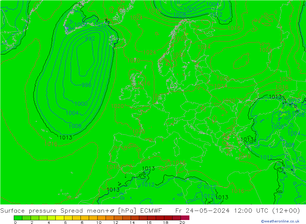 Atmosférický tlak Spread ECMWF Pá 24.05.2024 12 UTC