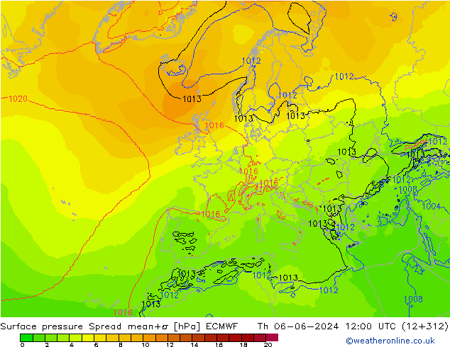 Luchtdruk op zeeniveau Spread ECMWF do 06.06.2024 12 UTC