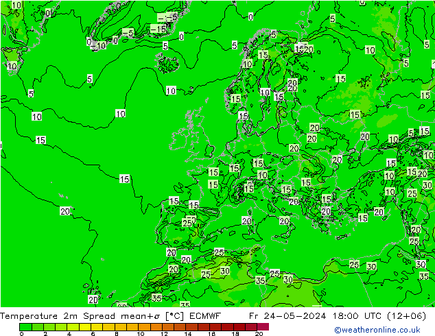 mapa temperatury 2m Spread ECMWF pt. 24.05.2024 18 UTC