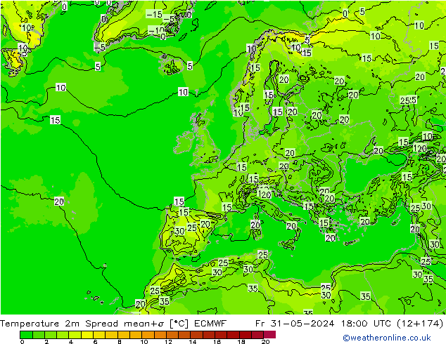 température 2m Spread ECMWF ven 31.05.2024 18 UTC