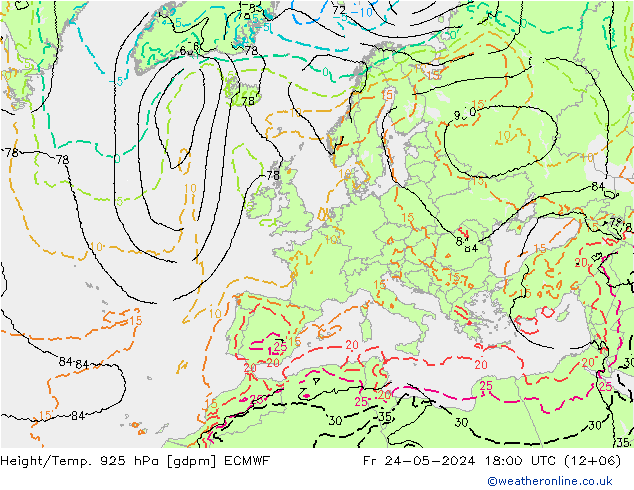 Height/Temp. 925 hPa ECMWF Fr 24.05.2024 18 UTC