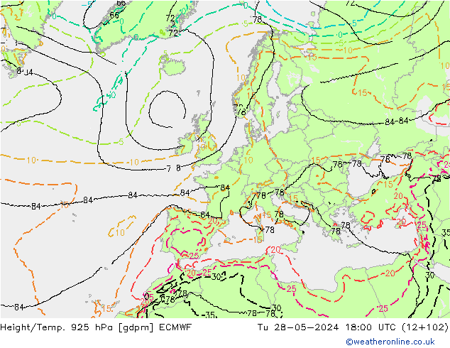 Height/Temp. 925 hPa ECMWF Di 28.05.2024 18 UTC