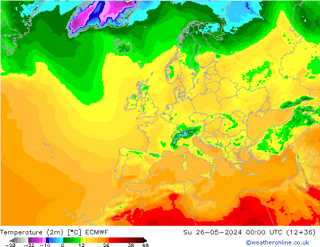 mapa temperatury (2m) ECMWF nie. 26.05.2024 00 UTC