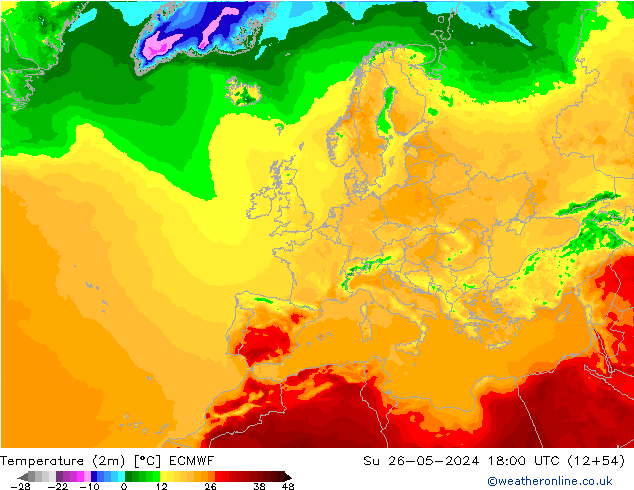 Temperatura (2m) ECMWF dom 26.05.2024 18 UTC