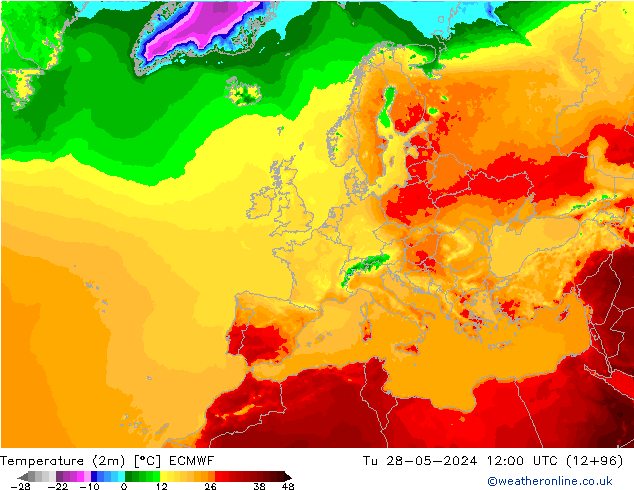 Temperatura (2m) ECMWF mar 28.05.2024 12 UTC