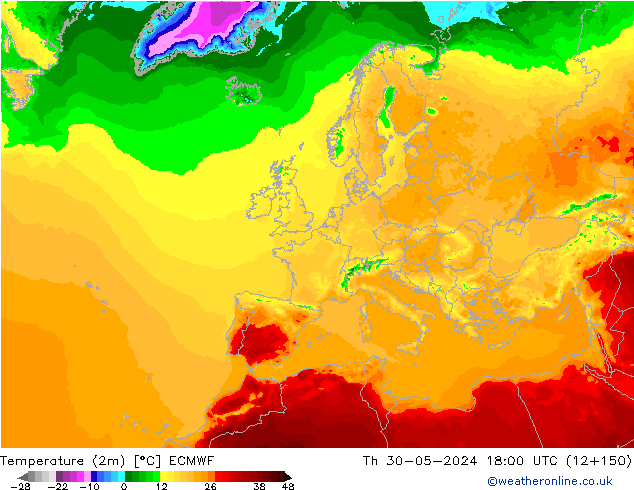 Temperature (2m) ECMWF Th 30.05.2024 18 UTC